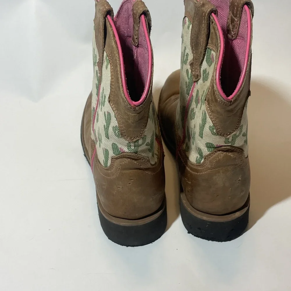 Ariat Youth Girls Cactus Print Brown Leather Round Toe Western Boots (Size 3)